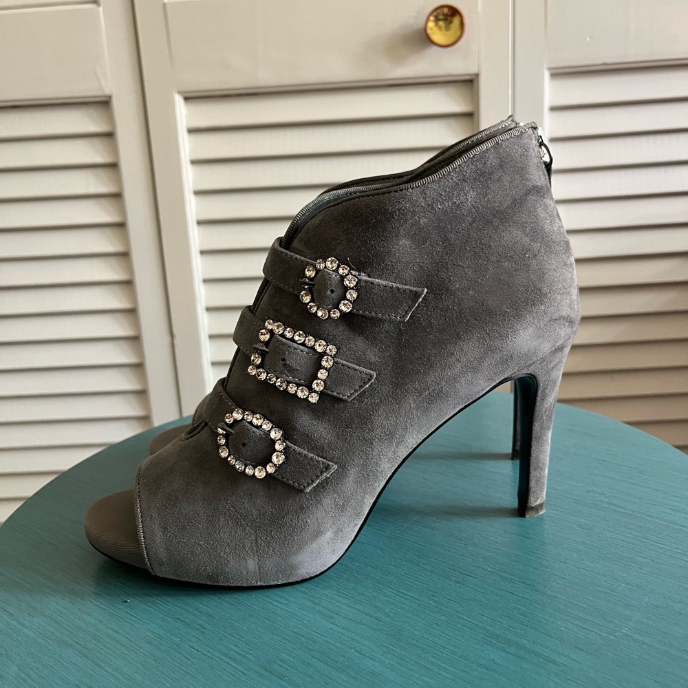 WHBM gray suede peeptoe bootie heels size 8.5